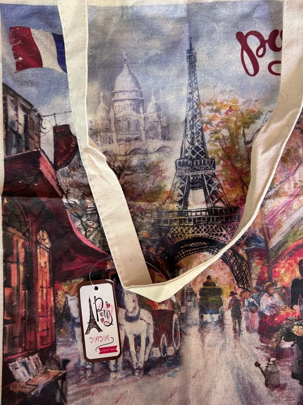 Paris Scene Canvas Tote Bag - Cream with Multicolor Print - Picture 5 of 11